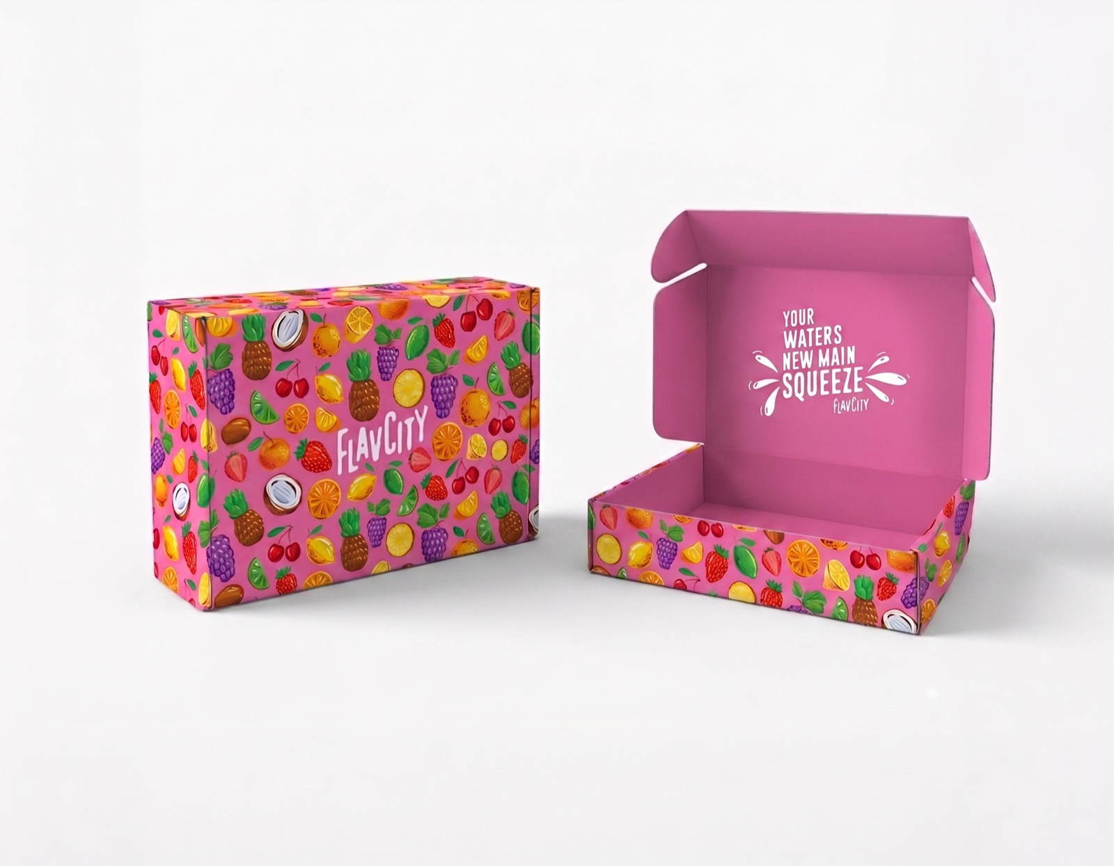 FlavCity fruit-pattern electrolyte mailer box