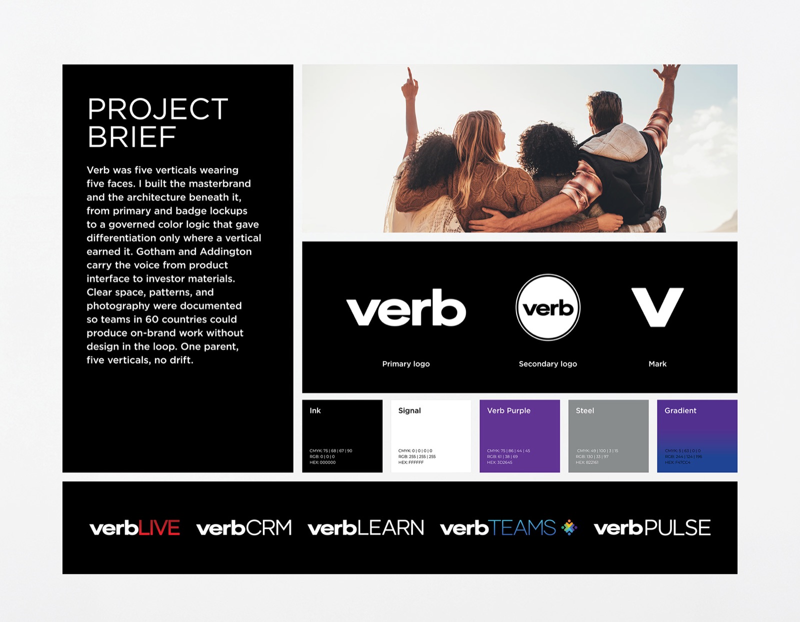 Verb masterbrand project brief — logo lockups, color system, vertical badges