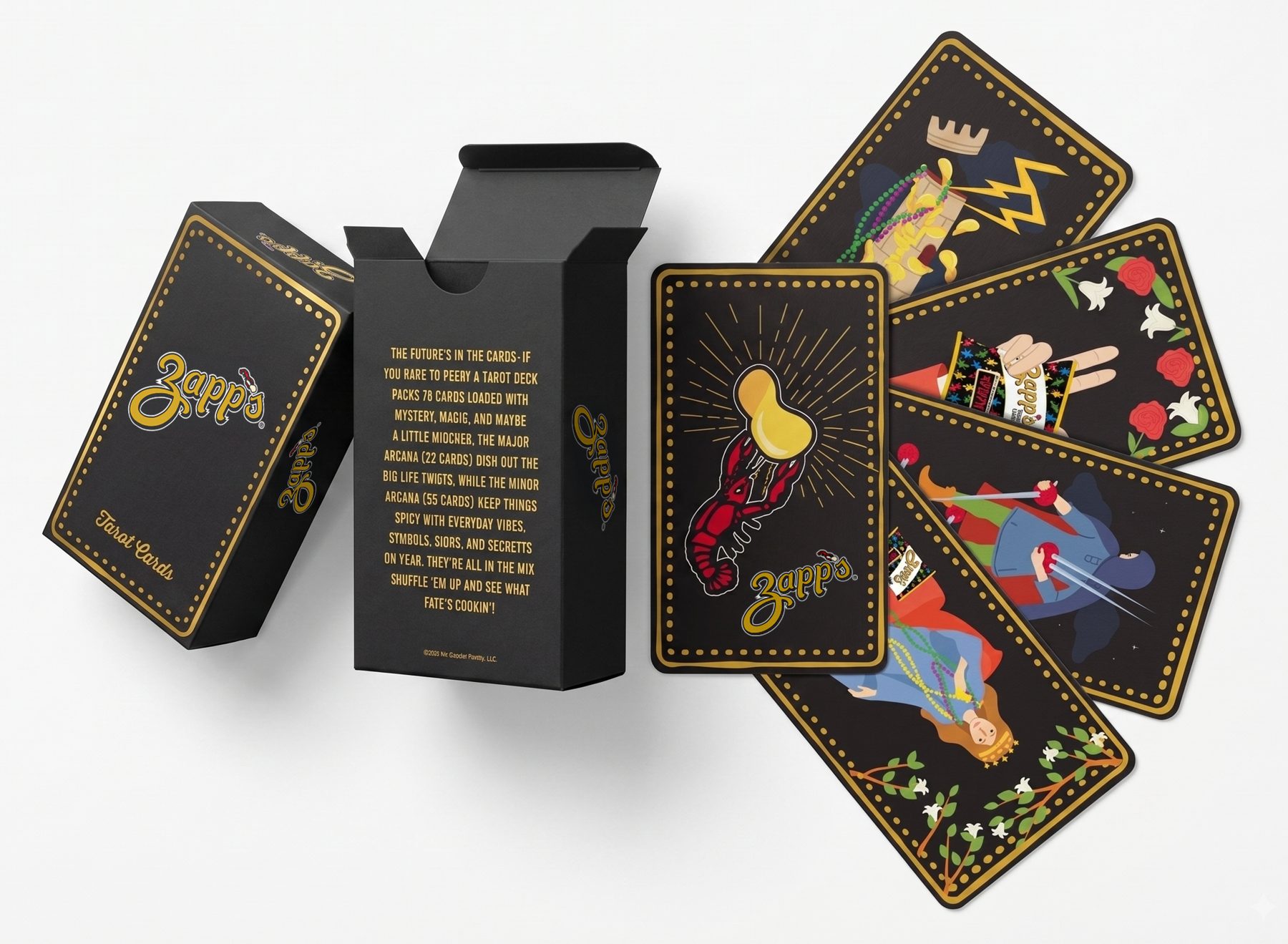 Zapp's custom tarot deck — box, card back, and fanned cards